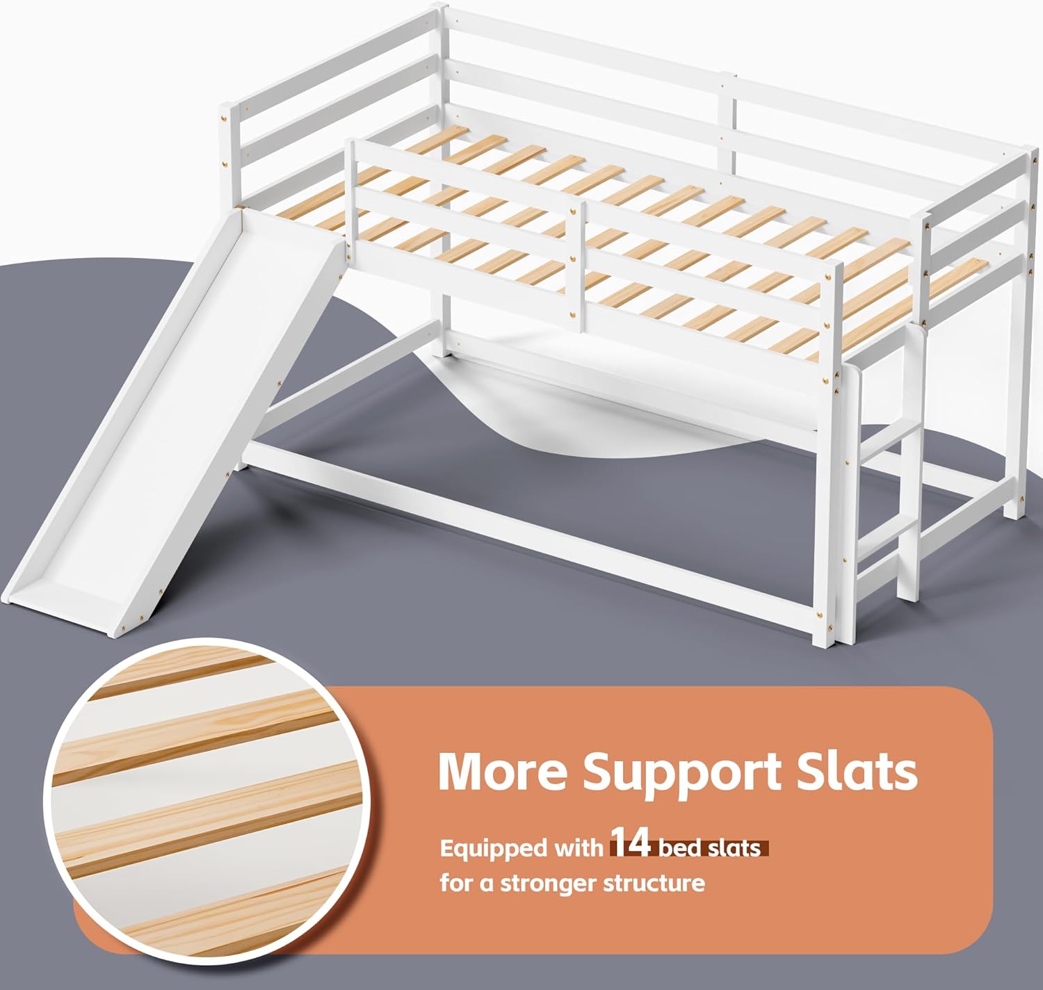 OLEAD Low Bunk Bed with Slide, Floor Loft Bed with Climbing Ladder, Wood Twin Bunk Bed Frame with Full Guardrails & Storage Space for Kids Toddler - 7