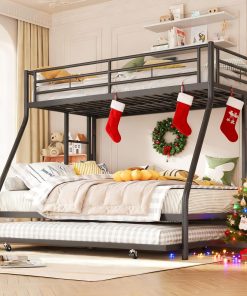 Shintenchi Twin Over Full Size Bunk Bed with Trundle, Heavy-Duty Metal Frame, 2 Ladders & Full-Length Guardrail, Space-Saving Sleep Solution for Kids-Teens-Adults, Black - 1