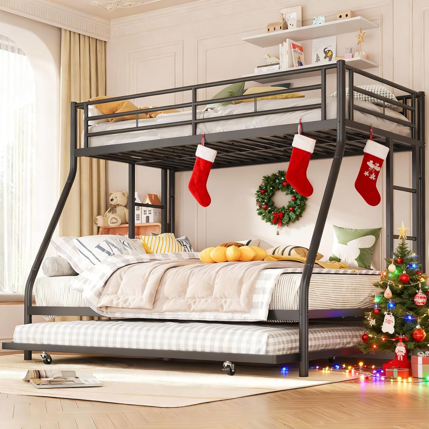 Shintenchi Twin Over Full Size Bunk Bed with Trundle, Heavy-Duty Metal Frame, 2 Ladders & Full-Length Guardrail, Space-Saving Sleep Solution for Kids-Teens-Adults, Black - 1