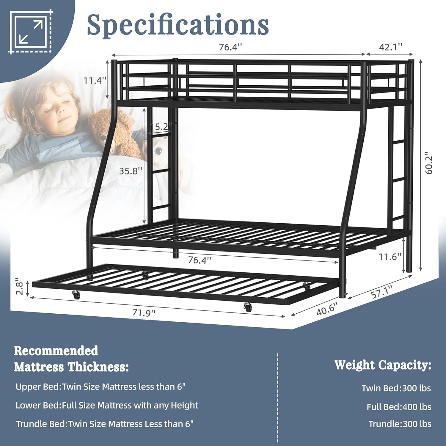 Shintenchi Twin Over Full Size Bunk Bed with Trundle, Heavy-Duty Metal Frame, 2 Ladders & Full-Length Guardrail, Space-Saving Sleep Solution for Kids/Teens/Adults, Black - Image 6