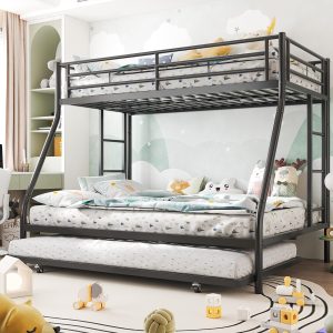 Shintenchi Twin Over Full Size Bunk Bed with Trundle, Heavy-Duty Metal Frame, 2 Ladders & Full-Length Guardrail, Space-Saving Sleep Solution for Kids-Teens-Adults, Black - 3