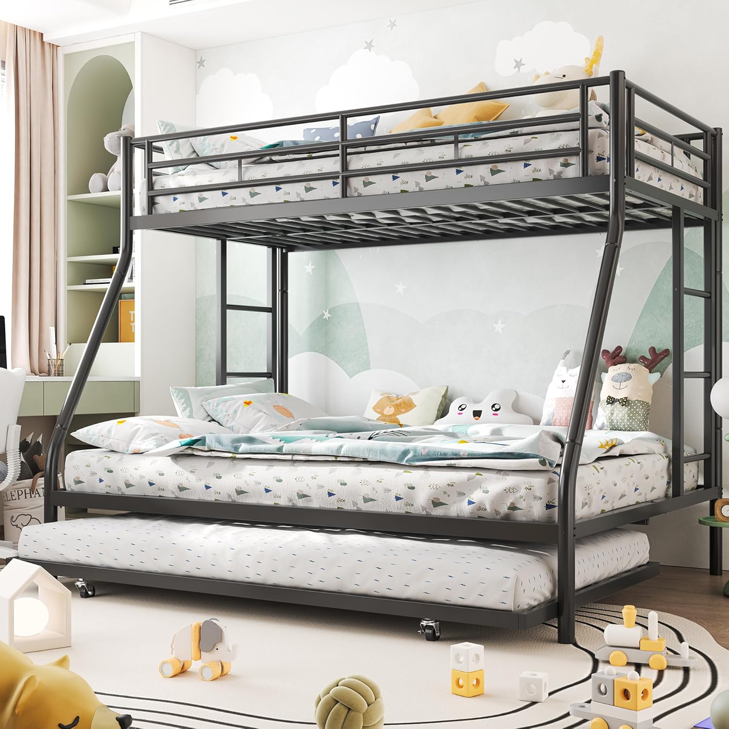 Shintenchi Twin Over Full Size Bunk Bed with Trundle, Heavy-Duty Metal Frame, 2 Ladders & Full-Length Guardrail, Space-Saving Sleep Solution for Kids-Teens-Adults, Black - 3