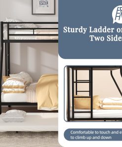 Shintenchi Twin Over Full Size Bunk Bed with Trundle, Heavy-Duty Metal Frame, 2 Ladders & Full-Length Guardrail, Space-Saving Sleep Solution for Kids-Teens-Adults, Black - 4