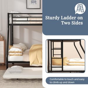 Shintenchi Twin Over Full Size Bunk Bed with Trundle, Heavy-Duty Metal Frame, 2 Ladders & Full-Length Guardrail, Space-Saving Sleep Solution for Kids-Teens-Adults, Black - 4
