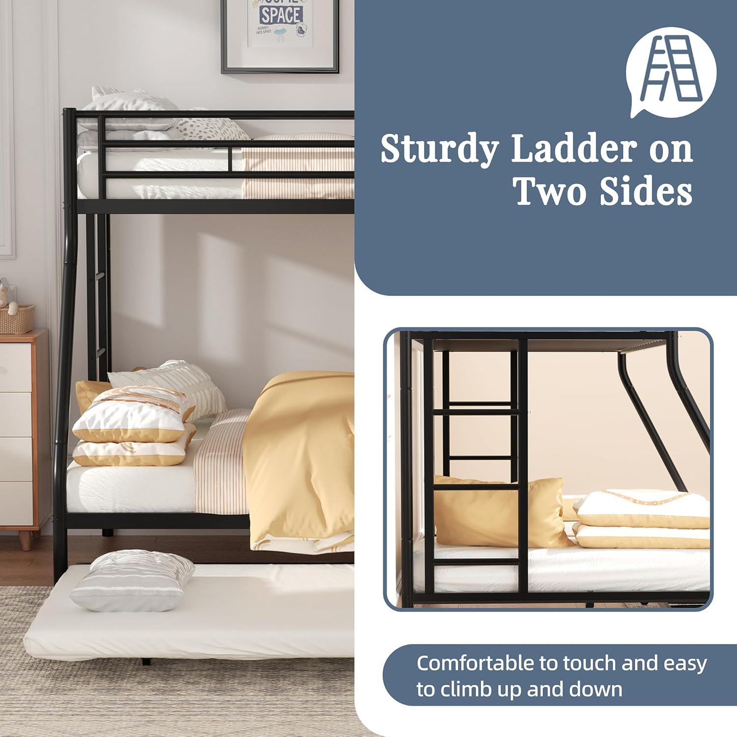 Shintenchi Twin Over Full Size Bunk Bed with Trundle, Heavy-Duty Metal Frame, 2 Ladders & Full-Length Guardrail, Space-Saving Sleep Solution for Kids-Teens-Adults, Black - 4
