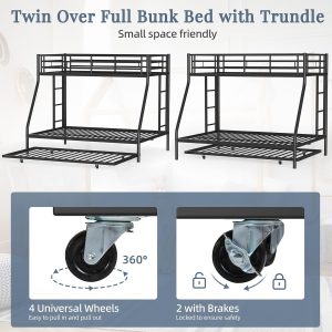 Shintenchi Twin Over Full Size Bunk Bed with Trundle, Heavy-Duty Metal Frame, 2 Ladders & Full-Length Guardrail, Space-Saving Sleep Solution for Kids-Teens-Adults, Black - 5
