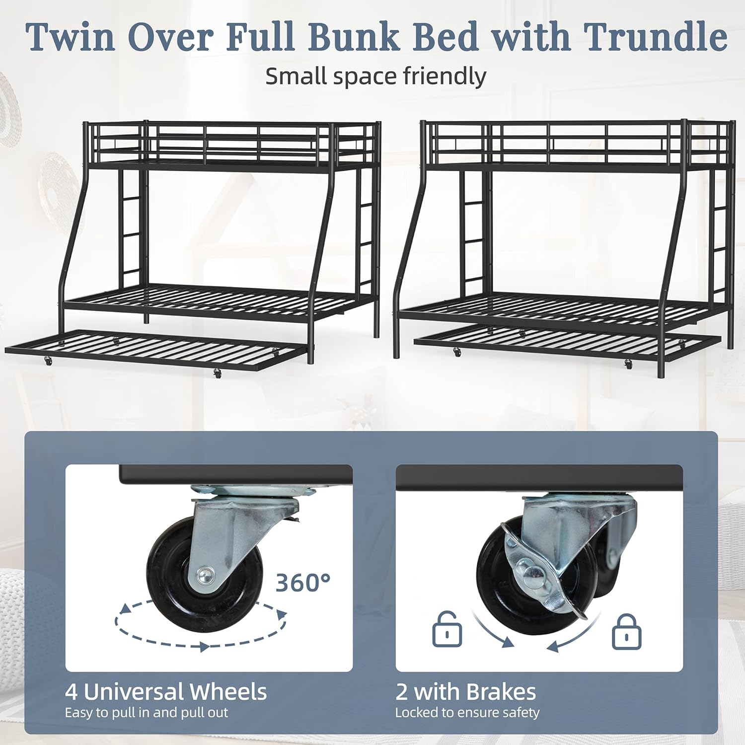 Shintenchi Twin Over Full Size Bunk Bed with Trundle, Heavy-Duty Metal Frame, 2 Ladders & Full-Length Guardrail, Space-Saving Sleep Solution for Kids-Teens-Adults, Black - 5