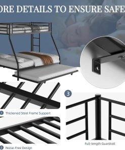 Shintenchi Twin Over Full Size Bunk Bed with Trundle, Heavy-Duty Metal Frame, 2 Ladders & Full-Length Guardrail, Space-Saving Sleep Solution for Kids-Teens-Adults, Black - 6