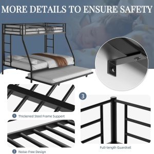 Shintenchi Twin Over Full Size Bunk Bed with Trundle, Heavy-Duty Metal Frame, 2 Ladders & Full-Length Guardrail, Space-Saving Sleep Solution for Kids-Teens-Adults, Black - 6