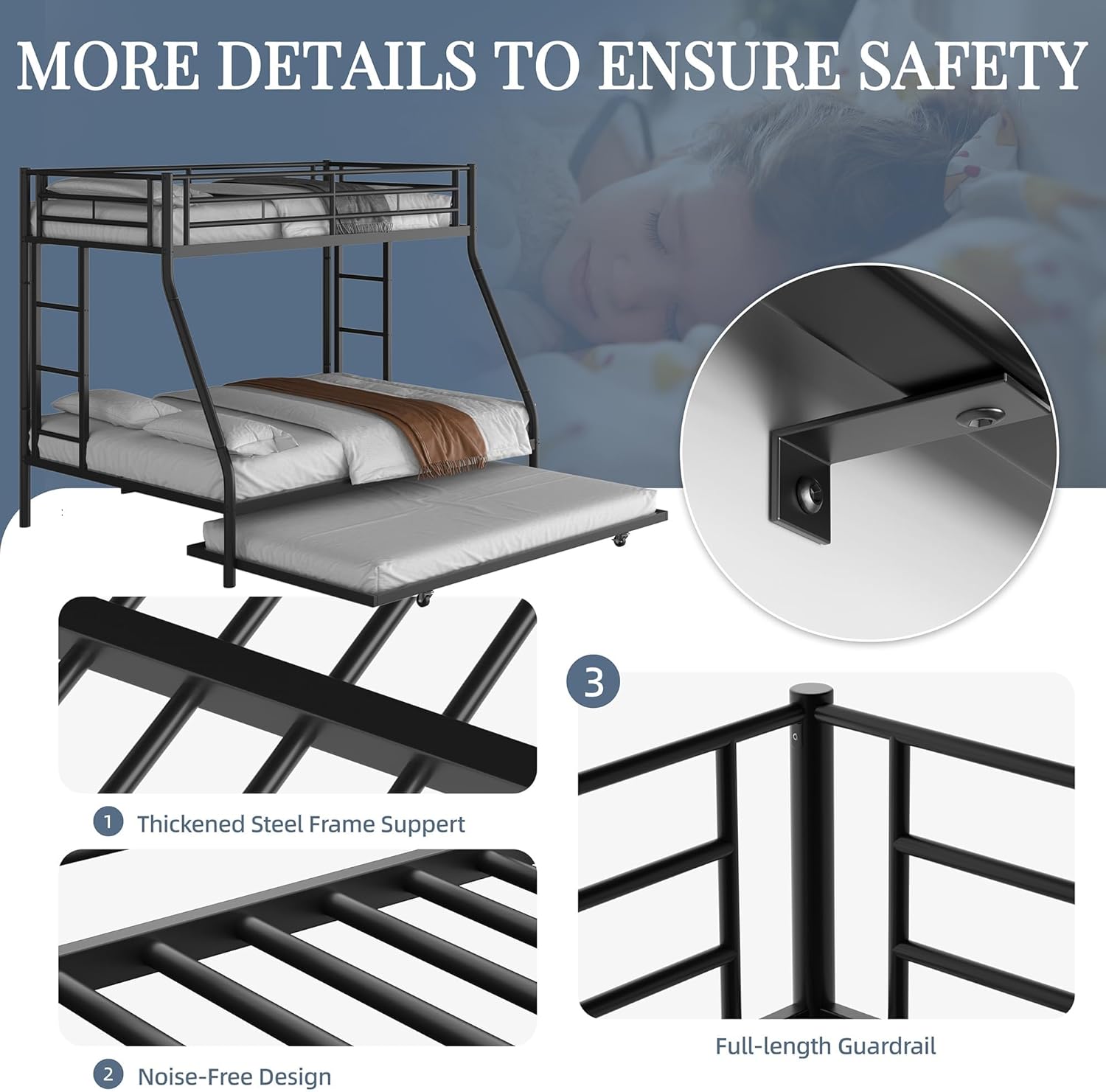 Shintenchi Twin Over Full Size Bunk Bed with Trundle, Heavy-Duty Metal Frame, 2 Ladders & Full-Length Guardrail, Space-Saving Sleep Solution for Kids-Teens-Adults, Black - 6