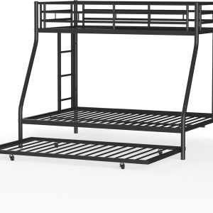 Shintenchi Twin Over Full Size Bunk Bed with Trundle, Heavy-Duty Metal Frame, 2 Ladders & Full-Length Guardrail, Space-Saving Sleep Solution for Kids-Teens-Adults, Black - 7
