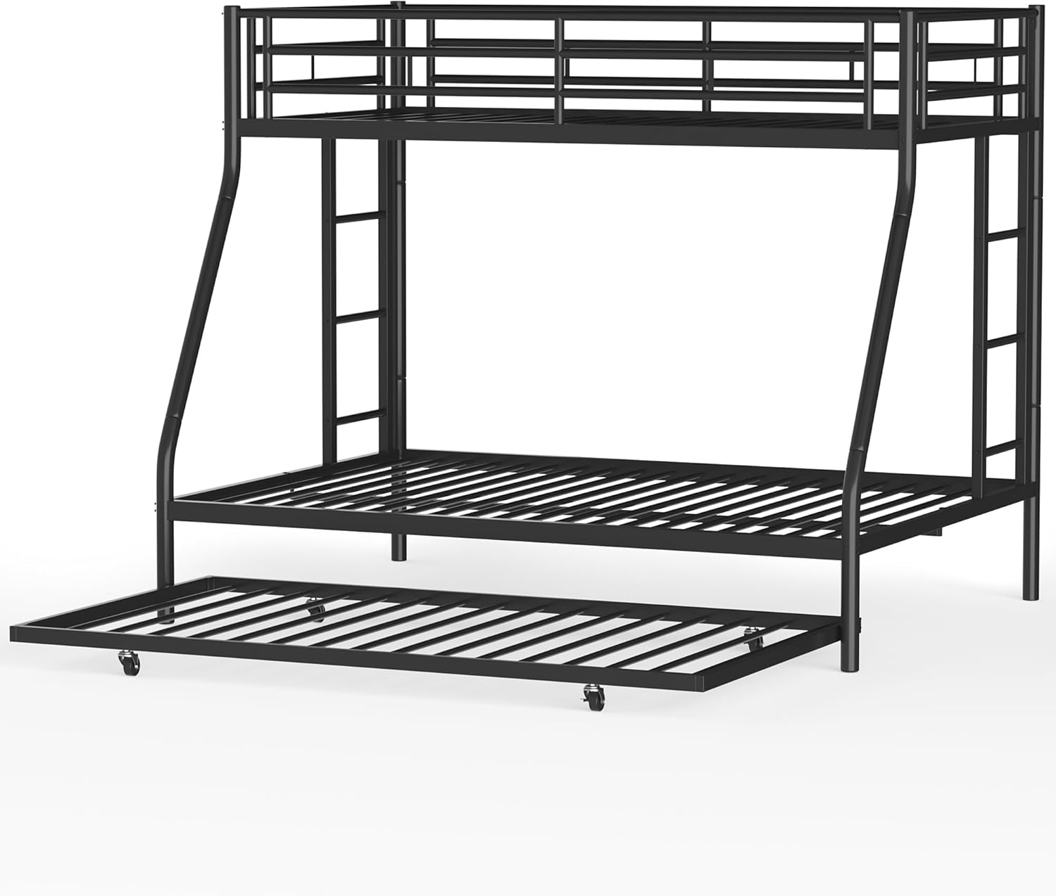 Shintenchi Twin Over Full Size Bunk Bed with Trundle, Heavy-Duty Metal Frame, 2 Ladders & Full-Length Guardrail, Space-Saving Sleep Solution for Kids-Teens-Adults, Black - 7