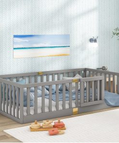 Tatub Twin Montessori Floor Bed with High Rails, Solid Wood Montessori Bed Frame for Kids, Door Can Install Left and Right, Twin-Grey - 1
