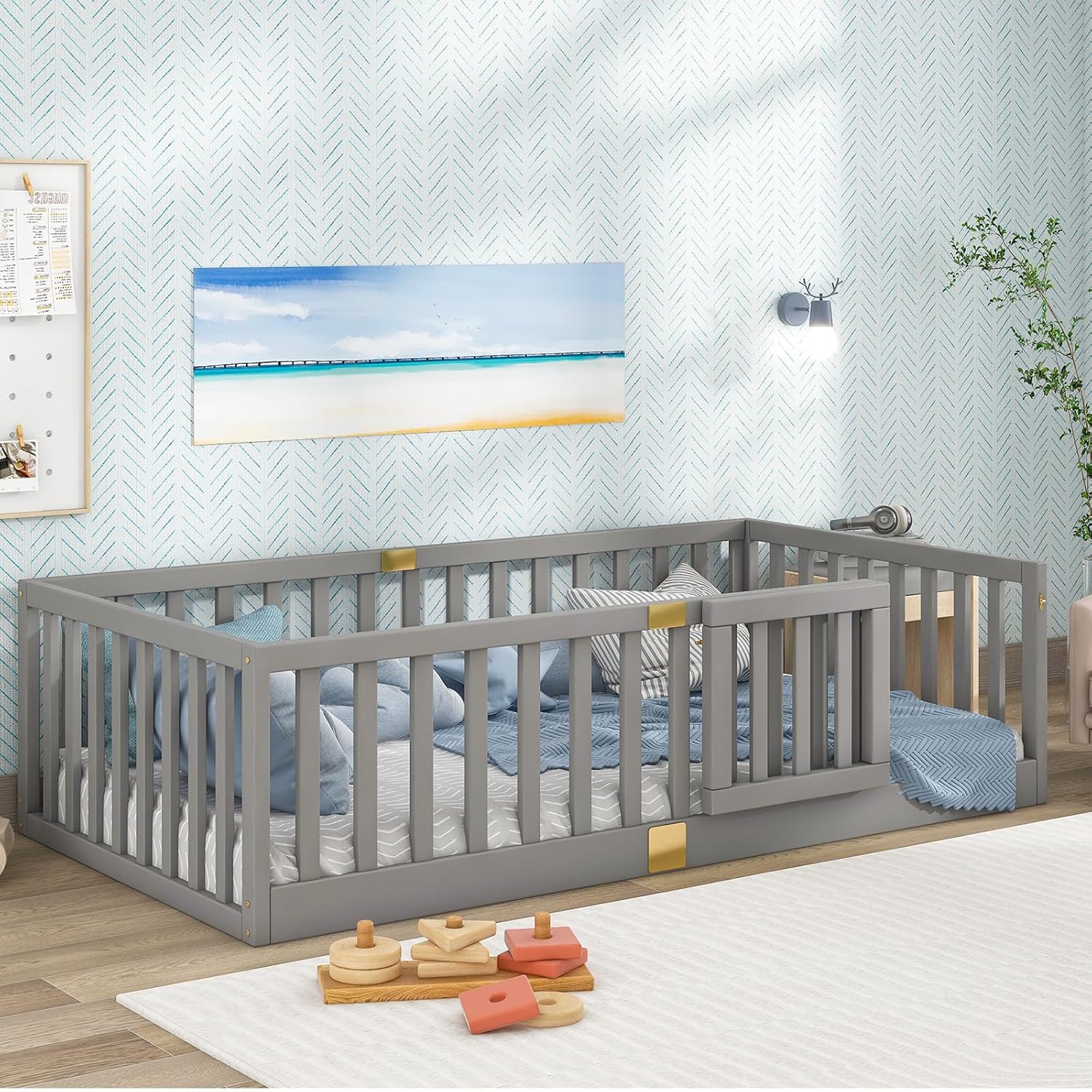 Tatub Twin Montessori Floor Bed with High Rails, Solid Wood Montessori Bed Frame for Kids, Door Can Install Left and Right, Twin-Grey - 1