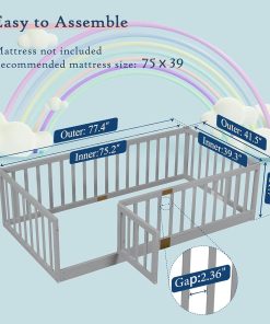 Tatub Twin Montessori Floor Bed with High Rails, Solid Wood Montessori Bed Frame for Kids, Door Can Install Left and Right, Twin-Grey - 2