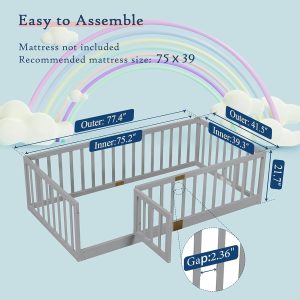 Tatub Twin Montessori Floor Bed with High Rails, Solid Wood Montessori Bed Frame for Kids, Door Can Install Left and Right, Twin-Grey - 2