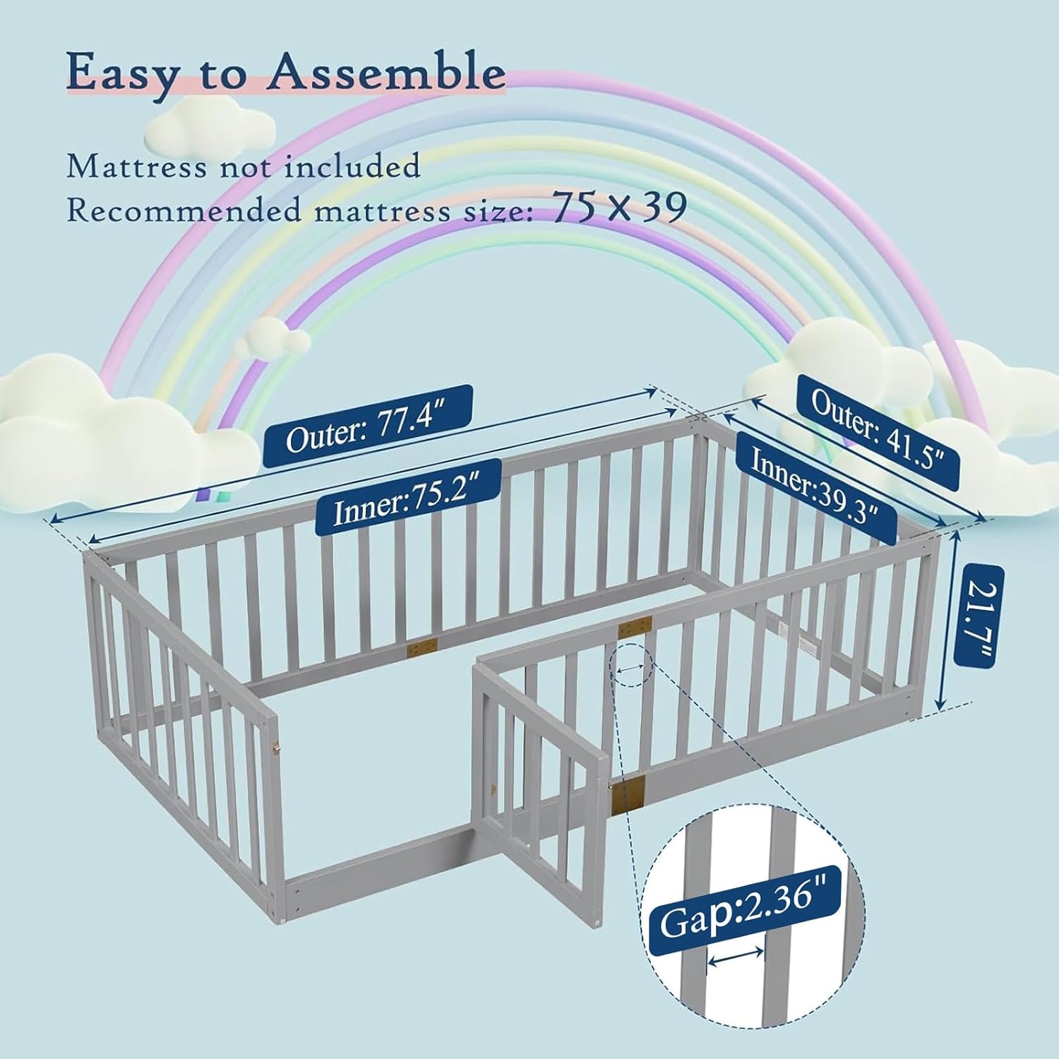 Tatub Twin Montessori Floor Bed with High Rails, Solid Wood Montessori Bed Frame for Kids, Door Can Install Left and Right, Twin-Grey - 2