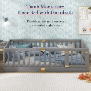 Tatub Twin Montessori Floor Bed with High Rails, Solid Wood Montessori Bed Frame for Kids, Door Can Install Left and Right, Twin-Grey - 3