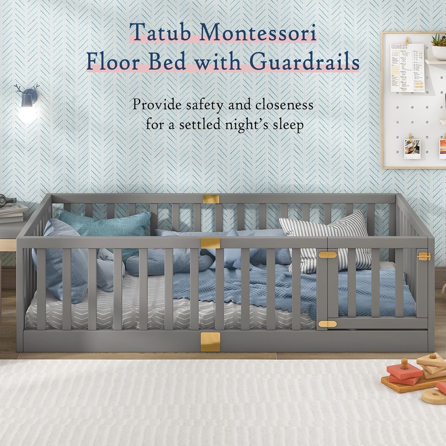 Tatub Twin Montessori Floor Bed with High Rails, Solid Wood Montessori Bed Frame for Kids, Door Can Install Left and Right, Twin-Grey - 3