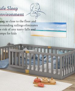 Tatub Twin Montessori Floor Bed with High Rails, Solid Wood Montessori Bed Frame for Kids, Door Can Install Left and Right, Twin-Grey - 4