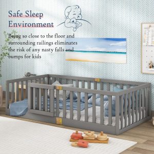 Tatub Twin Montessori Floor Bed with High Rails, Solid Wood Montessori Bed Frame for Kids, Door Can Install Left and Right, Twin-Grey - 4