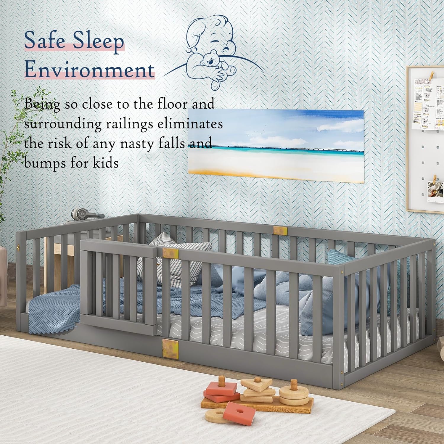 Tatub Twin Montessori Floor Bed with High Rails, Solid Wood Montessori Bed Frame for Kids, Door Can Install Left and Right, Twin-Grey - 4