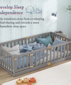 Tatub Twin Montessori Floor Bed with High Rails, Solid Wood Montessori Bed Frame for Kids, Door Can Install Left and Right, Twin-Grey - 5