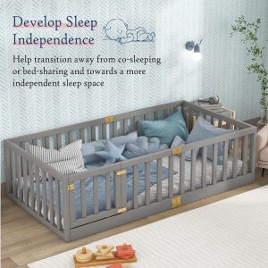 Tatub Twin Montessori Floor Bed with High Rails, Solid Wood Montessori Bed Frame for Kids, Door Can Install Left and Right, Twin-Grey - 5
