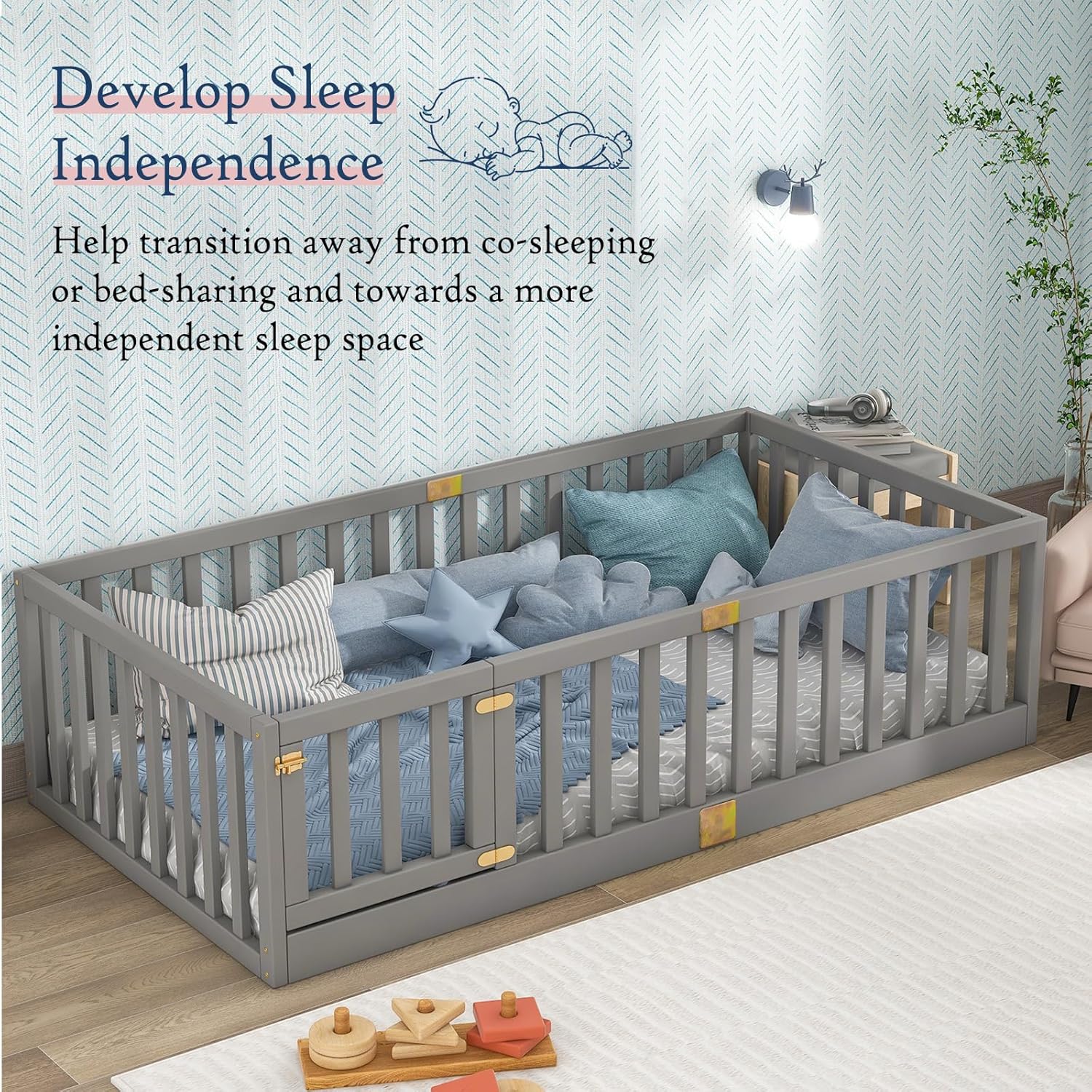 Tatub Twin Montessori Floor Bed with High Rails, Solid Wood Montessori Bed Frame for Kids, Door Can Install Left and Right, Twin-Grey - 5