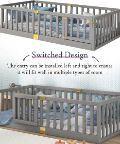 Tatub Twin Montessori Floor Bed with High Rails, Solid Wood Montessori Bed Frame for Kids, Door Can Install Left and Right, Twin-Grey - 6