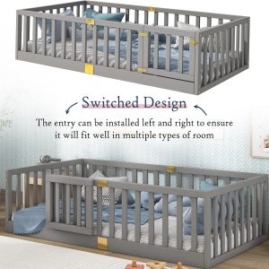 Tatub Twin Montessori Floor Bed with High Rails, Solid Wood Montessori Bed Frame for Kids, Door Can Install Left and Right, Twin-Grey - 6