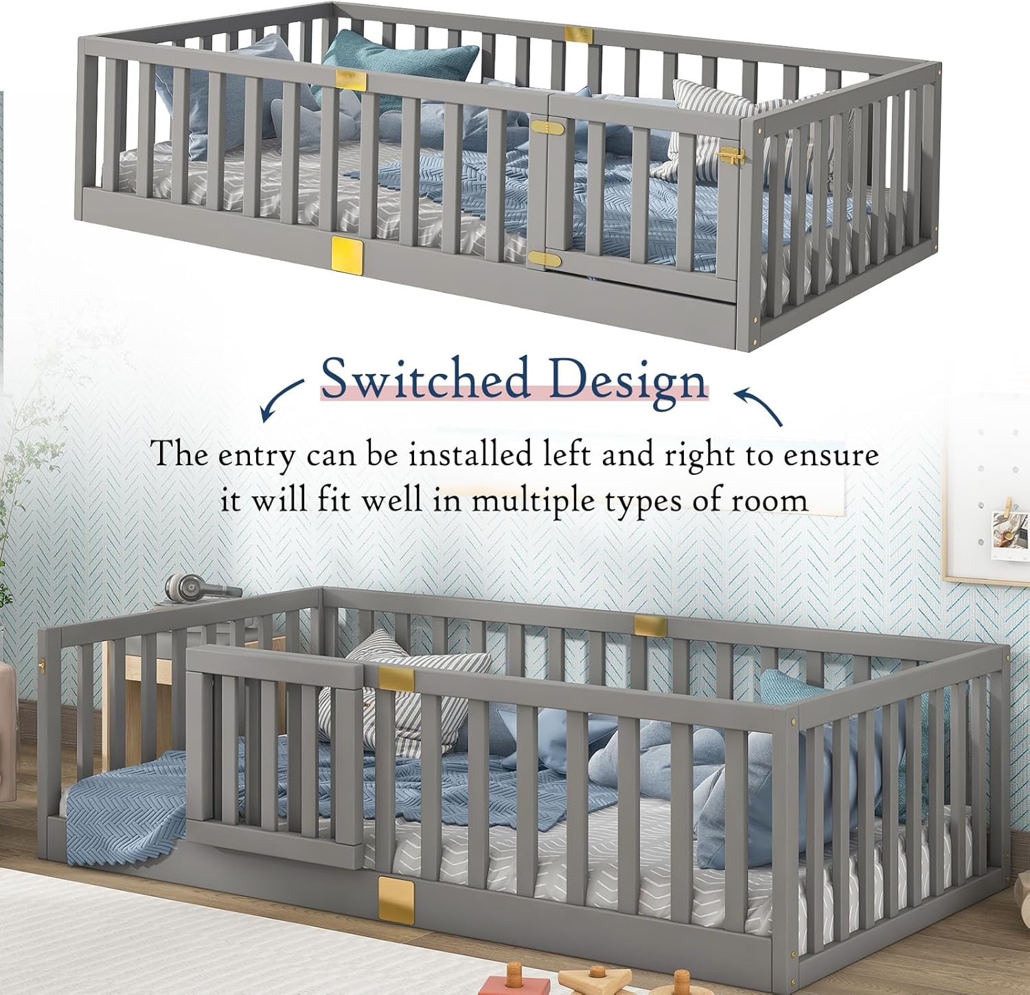 Tatub Twin Montessori Floor Bed with High Rails, Solid Wood Montessori Bed Frame for Kids, Door Can Install Left and Right, Twin-Grey - 6
