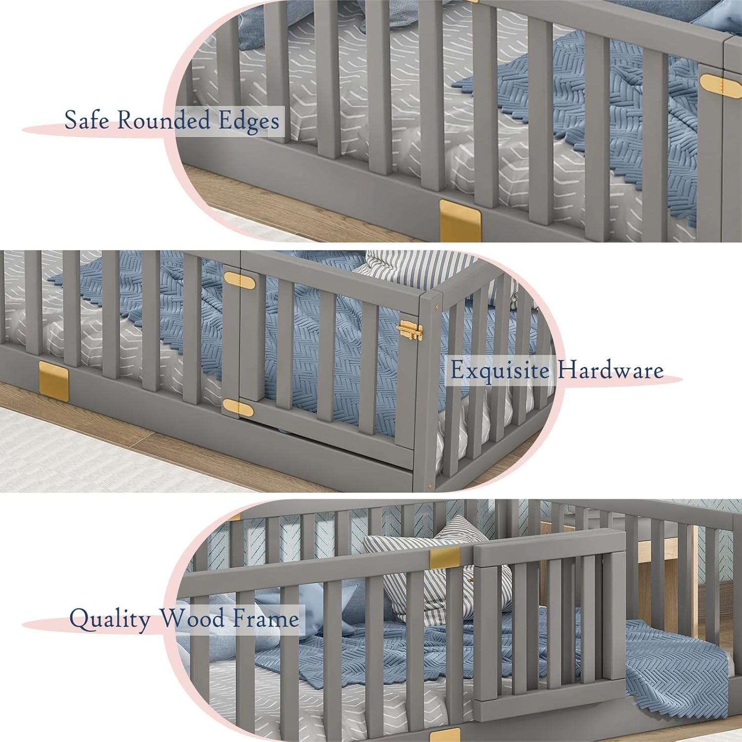 Tatub Twin Montessori Floor Bed with High Rails, Solid Wood Montessori Bed Frame for Kids, Door Can Install Left and Right, Twin-Grey - 7