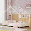 Timy House Shape Twin Size Montessori House Bed Metal Floor Bed with Storage Rack and Caddy Twin Bedframe for Kids No Box Spring Needed White - 1
