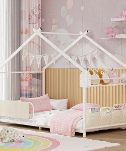 Timy House Shape Twin Size Montessori House Bed Metal Floor Bed with Storage Rack and Caddy Twin Bedframe for Kids No Box Spring Needed White - 1