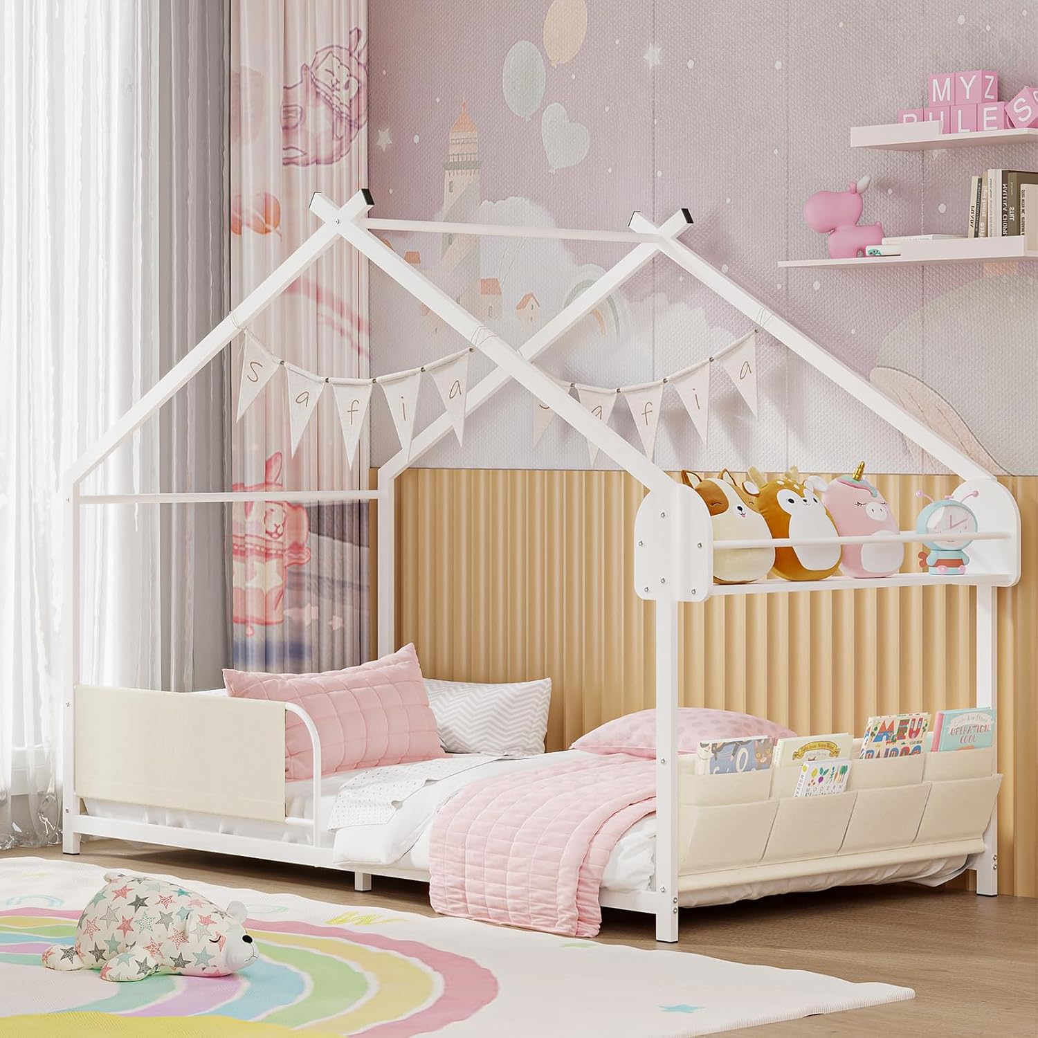 Timy House Shape Twin Size Montessori House Bed Metal Floor Bed with Storage Rack and Caddy Twin Bedframe for Kids No Box Spring Needed White - 1