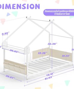 Timy House Shape Twin Size Montessori House Bed Metal Floor Bed with Storage Rack and Caddy Twin Bedframe for Kids No Box Spring Needed White - 2