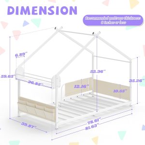 Timy House Shape Twin Size Montessori House Bed Metal Floor Bed with Storage Rack and Caddy Twin Bedframe for Kids No Box Spring Needed White - 2