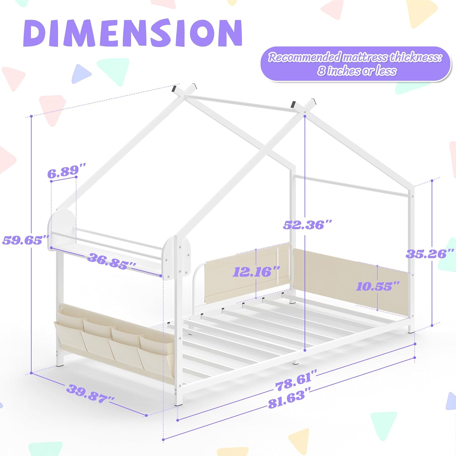 Timy House Shape Twin Size Montessori House Bed Metal Floor Bed with Storage Rack and Caddy Twin Bedframe for Kids No Box Spring Needed White - 2