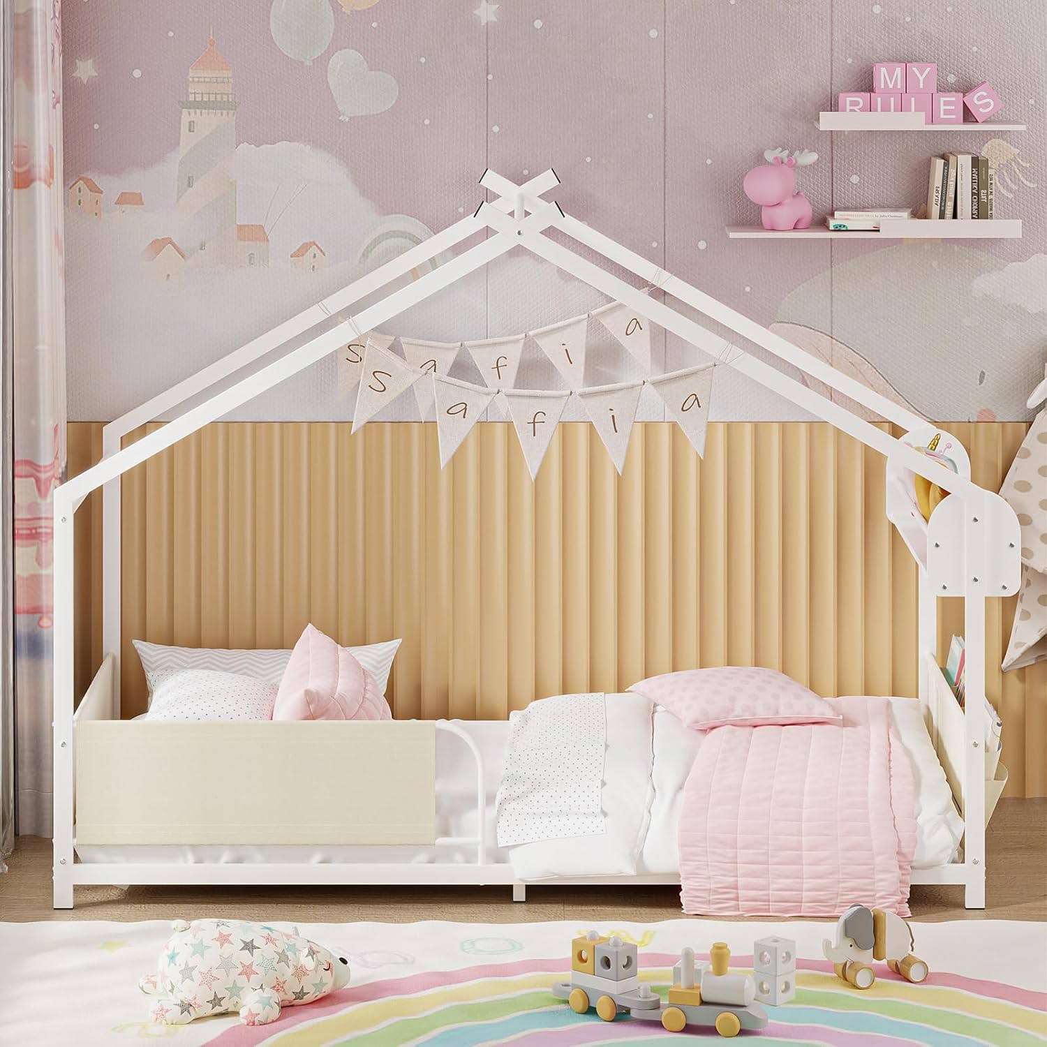 Timy House Shape Twin Size Montessori House Bed Metal Floor Bed with Storage Rack and Caddy Twin Bedframe for Kids No Box Spring Needed White - 3