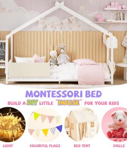 Timy House Shape Twin Size Montessori House Bed Metal Floor Bed with Storage Rack and Caddy Twin Bedframe for Kids No Box Spring Needed White - 4