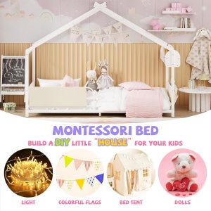 Timy House Shape Twin Size Montessori House Bed Metal Floor Bed with Storage Rack and Caddy Twin Bedframe for Kids No Box Spring Needed White - 4