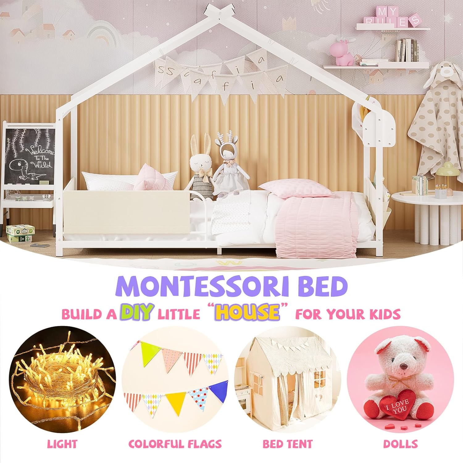 Timy House Shape Twin Size Montessori House Bed Metal Floor Bed with Storage Rack and Caddy Twin Bedframe for Kids No Box Spring Needed White - 4