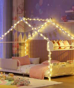 Timy House Shape Twin Size Montessori House Bed Metal Floor Bed with Storage Rack and Caddy Twin Bedframe for Kids No Box Spring Needed White - 5