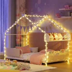 Timy House Shape Twin Size Montessori House Bed Metal Floor Bed with Storage Rack and Caddy Twin Bedframe for Kids No Box Spring Needed White - 5