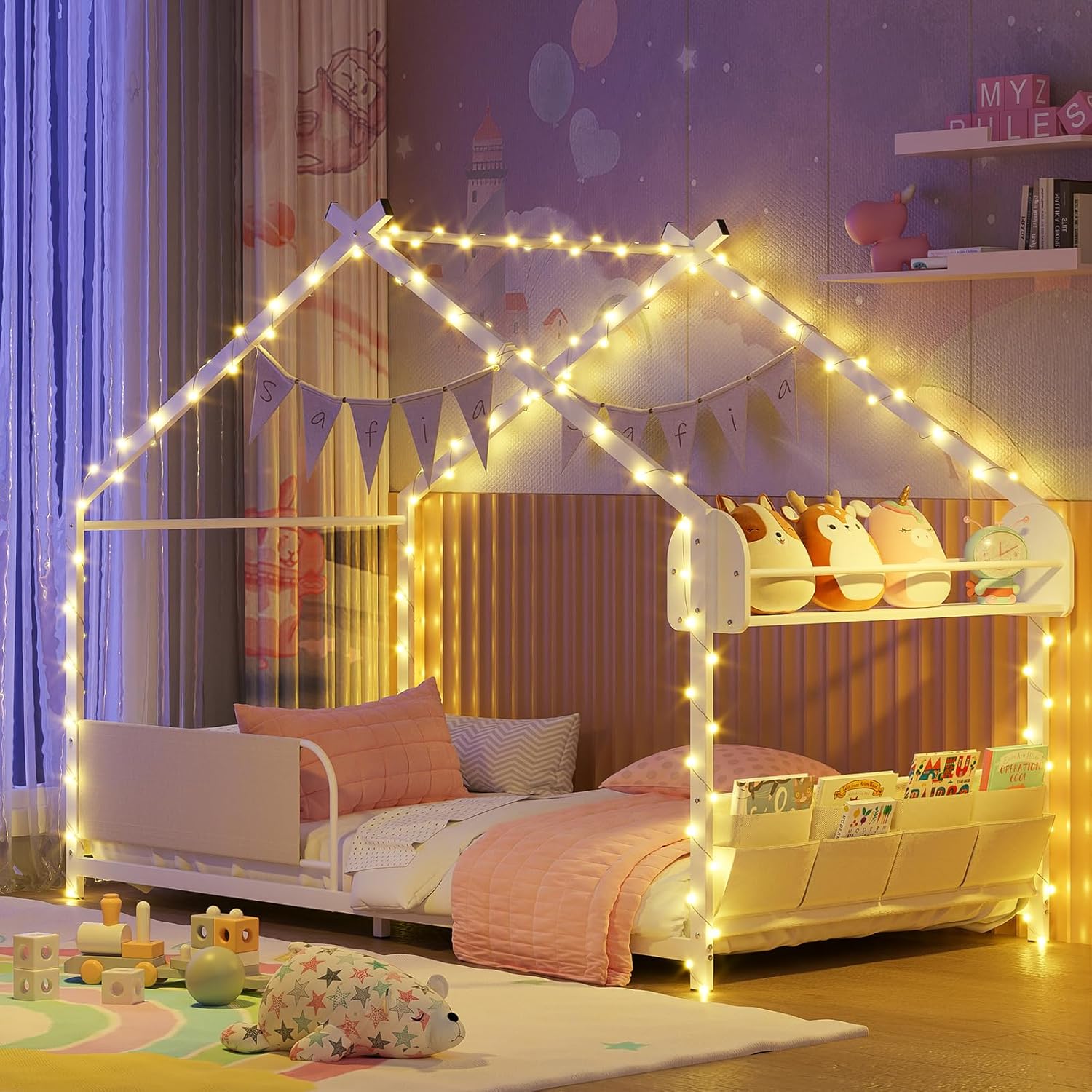 Timy House Shape Twin Size Montessori House Bed Metal Floor Bed with Storage Rack and Caddy Twin Bedframe for Kids No Box Spring Needed White - 5