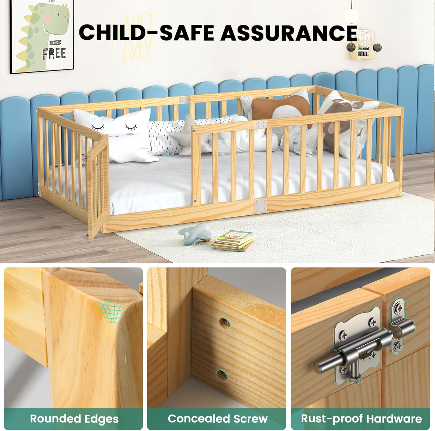 Twin Size Floor Bed for Kids Wooden Toddler Floor Bed Frame Safe Comfortable Baby Floor Bed for Children,Natural‌,40.9-77.5 - 3