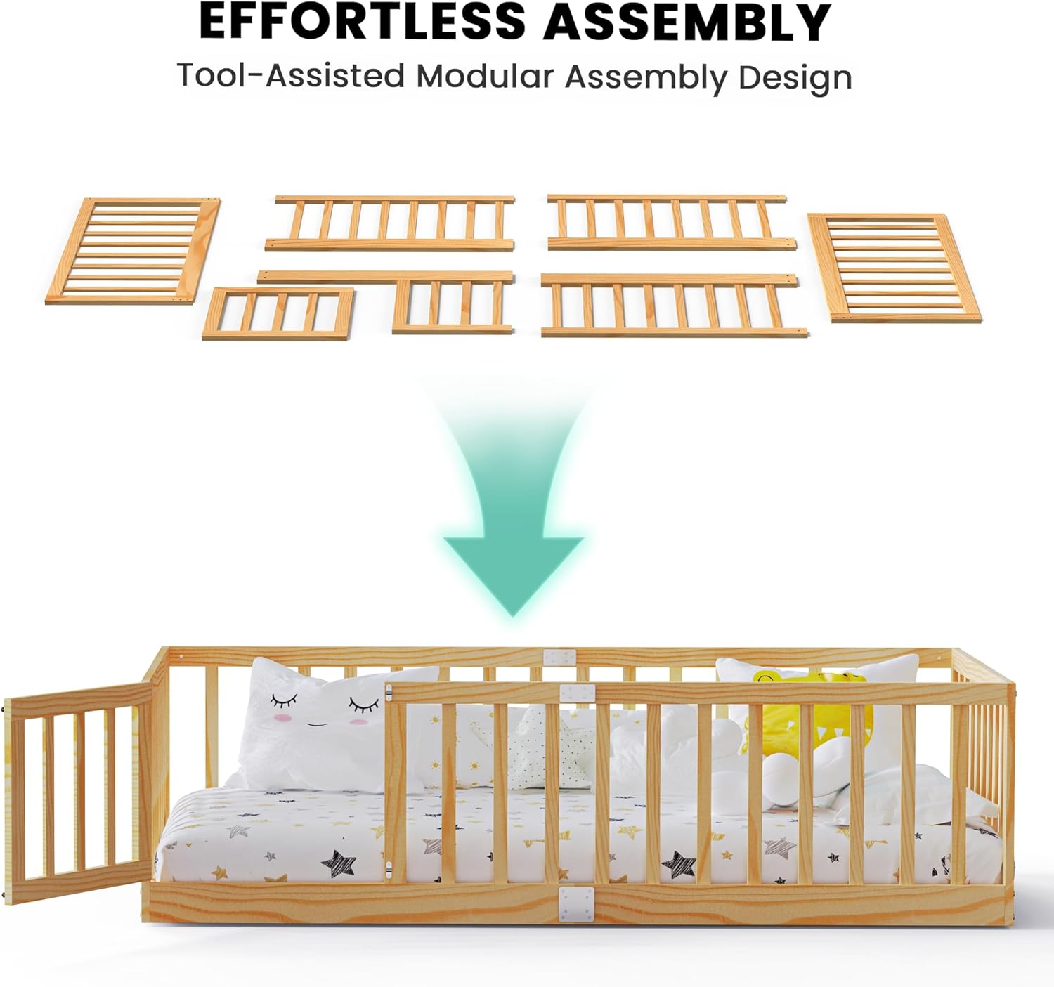 Twin Size Floor Bed for Kids Wooden Toddler Floor Bed Frame Safe Comfortable Baby Floor Bed for Children,Natural‌,40.9-77.5 - 4
