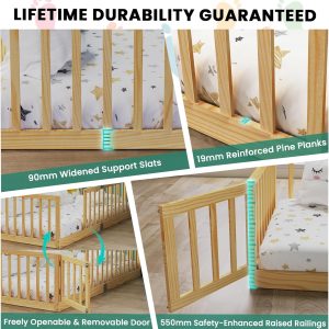 Twin Size Floor Bed for Kids Wooden Toddler Floor Bed Frame Safe Comfortable Baby Floor Bed for Children,Natural‌,40.9-77.5 - 5