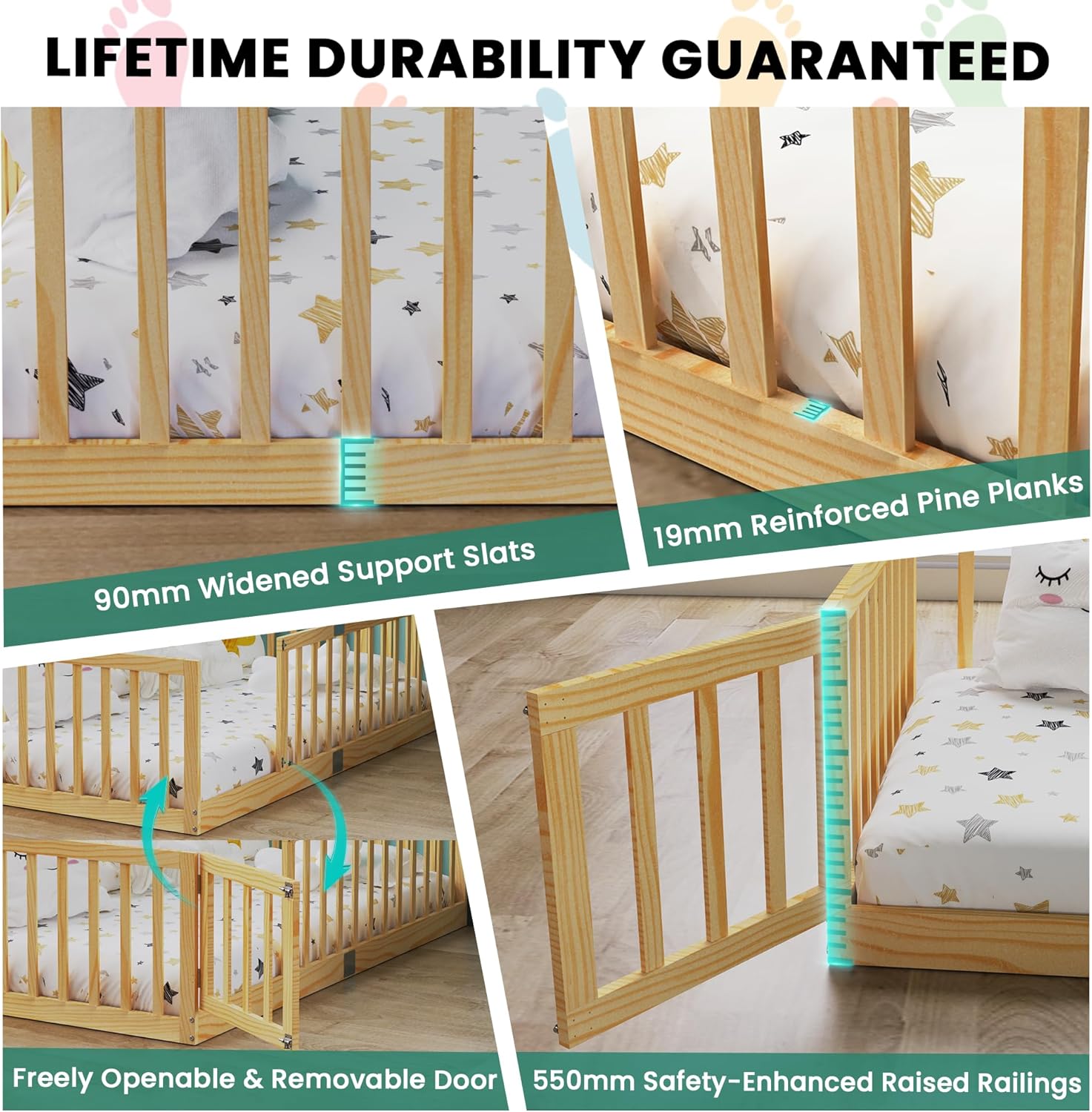 Twin Size Floor Bed for Kids Wooden Toddler Floor Bed Frame Safe Comfortable Baby Floor Bed for Children,Natural‌,40.9-77.5 - 5